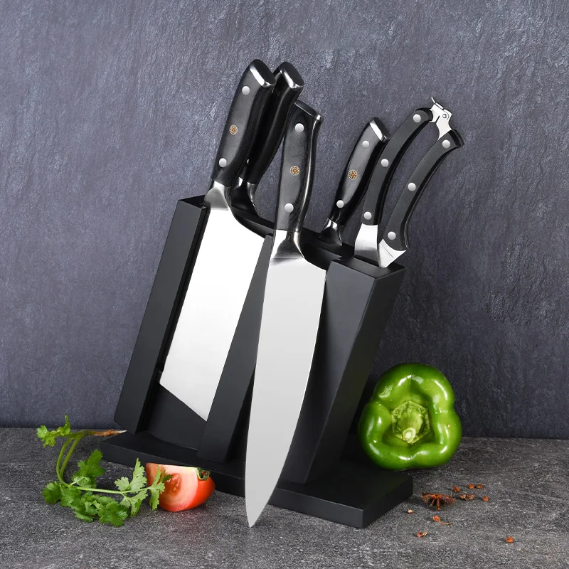 Amazon Hot 6PCS Full Tang Sharp 5CR15MOV Kitchen Chinese Cleaver Knife Set Scissor with wooden knife holder in stock