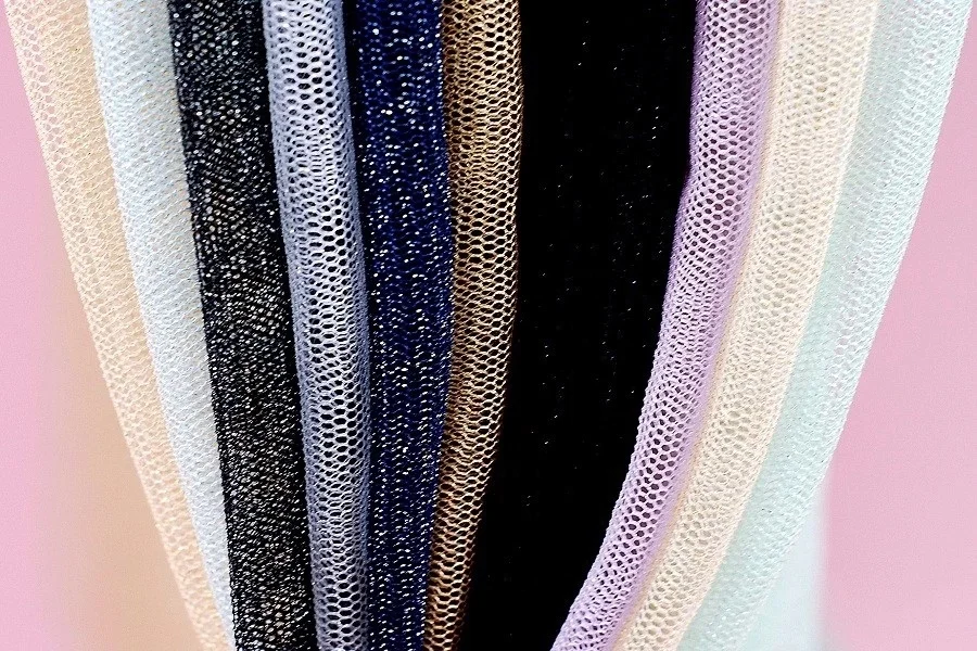 95% Nylon with metallic lurex yarn tulle mesh very shiny Fabric