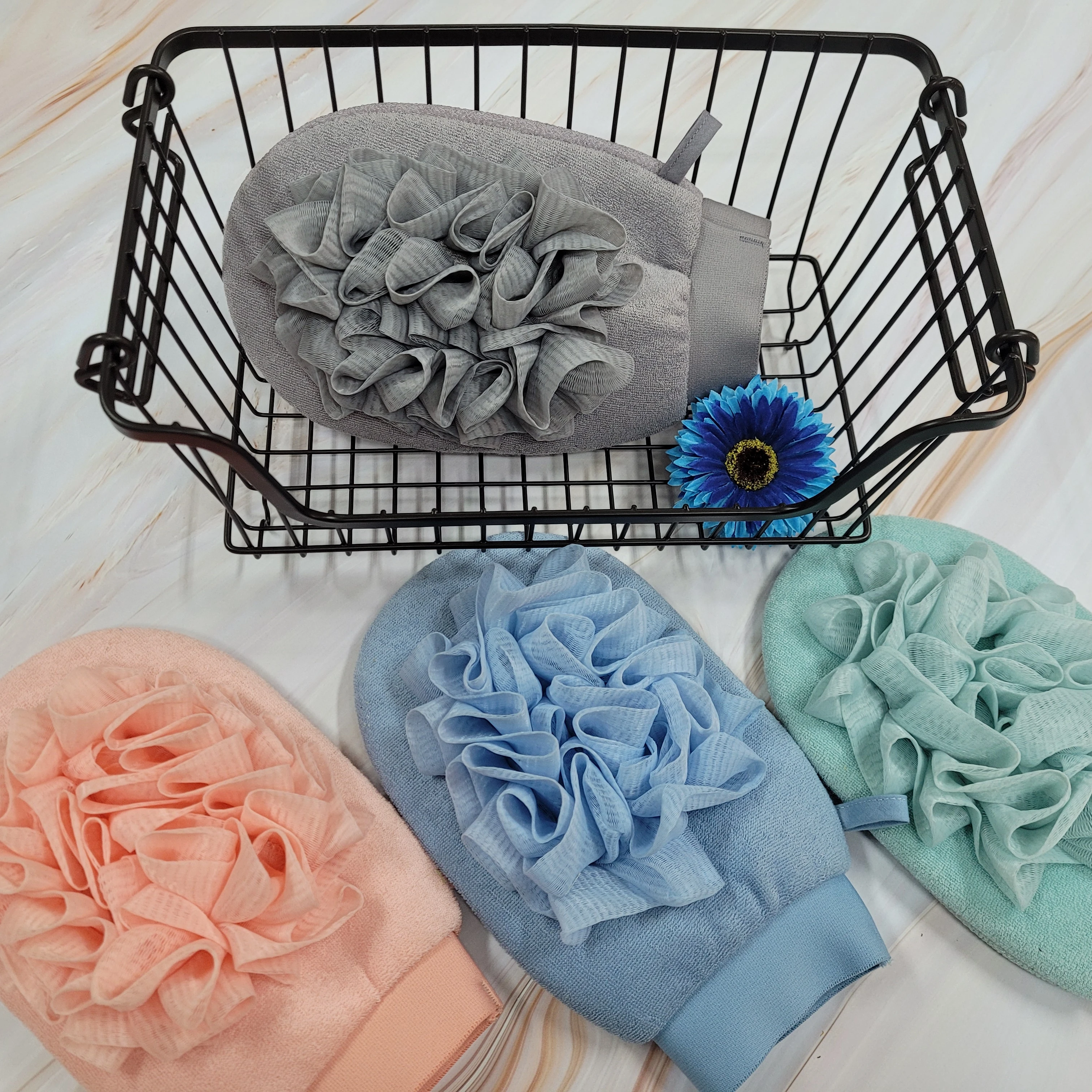 2023 New Arrival High Quality Viscose Mesh Puff Polyester Sponge Bath Mitts Exfoliating Body Gloves