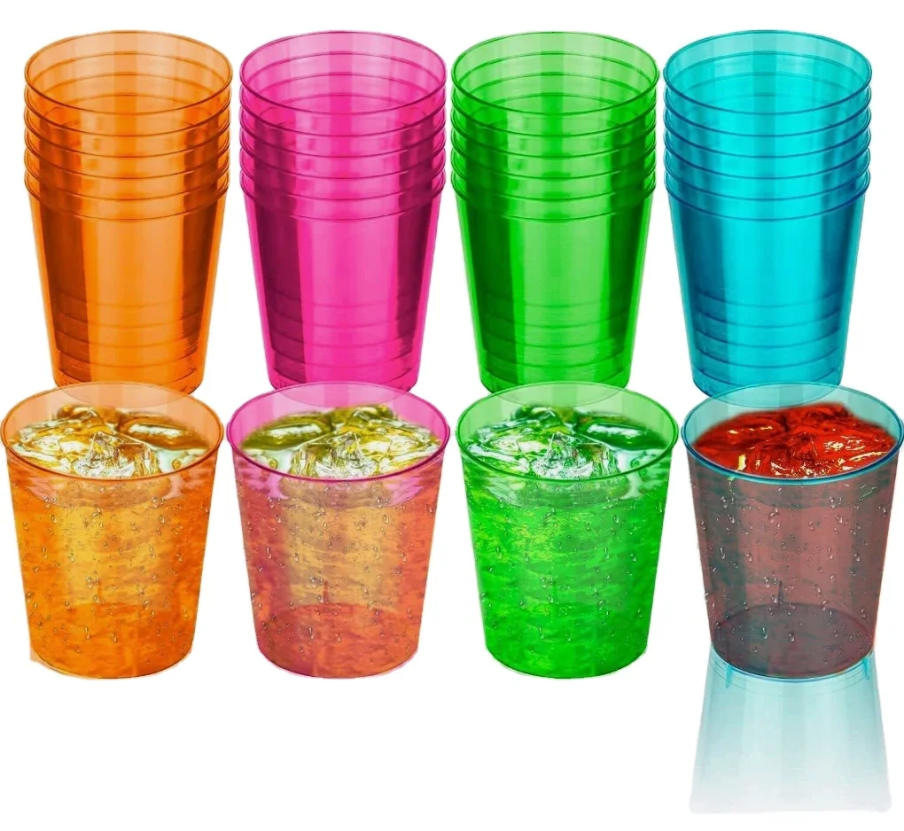 Disposable Hard Plastic Shot Glasses, Neon 1oz - Fun Glow in the Dark Bright Colors, Heavy Duty & Reusable Party Shot Cups