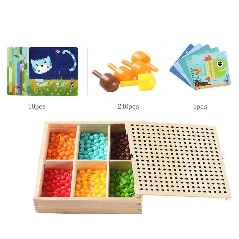 Kid Wooden Storage Box DIY Mosaic Peg Board Jigsaw Early Learning Toy Games 3D Mushroom Puzzles Set Nail Intelligent Puzzle Aids