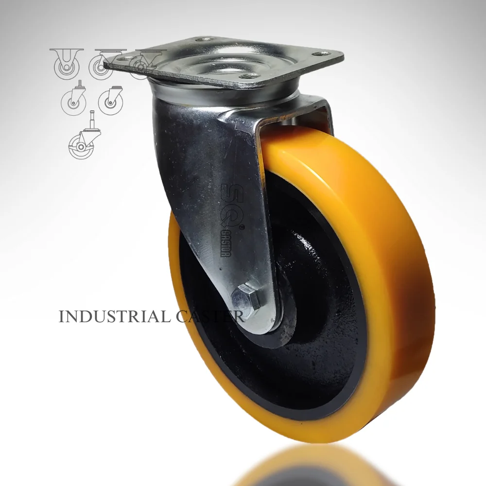 SQ castor  OEM   Industrial Cast Iron PU Castor Wheel Caster  Swivel Top Plate Polyurethane Wheel Ball Bearings Rigid Brake