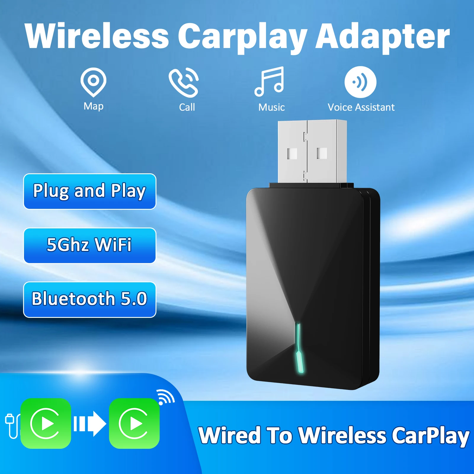 Wired to Wireless CarPlay Adapter for iPhone,Mini Size with Extension Cable USB & USB-C/Type-C,5.8Ghz Dual-Band WiFi, OTA Update