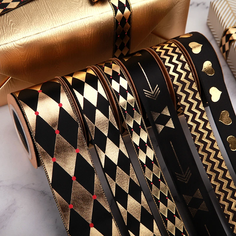 3D Raised  Embossed Luxury 1 inch Rose Gold Foiling Double Grosgrain Custom Black Satin Printed  Ribbon With Logo