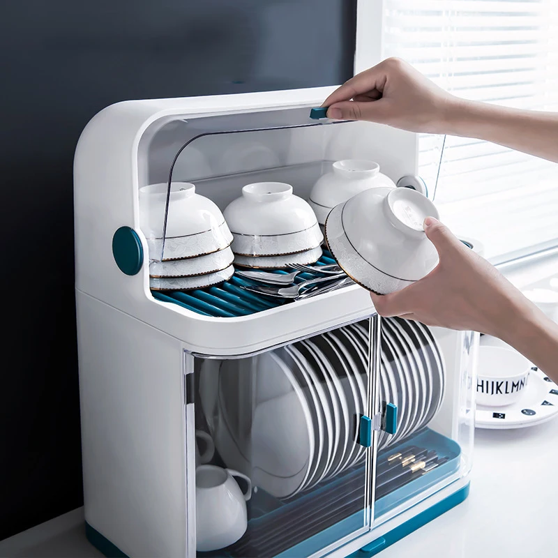 Бытовой двойной стеллаж для хранения тарелок, пластиковый стеллаж для тарелок с крышкой, кухонный стеллаж для хранения