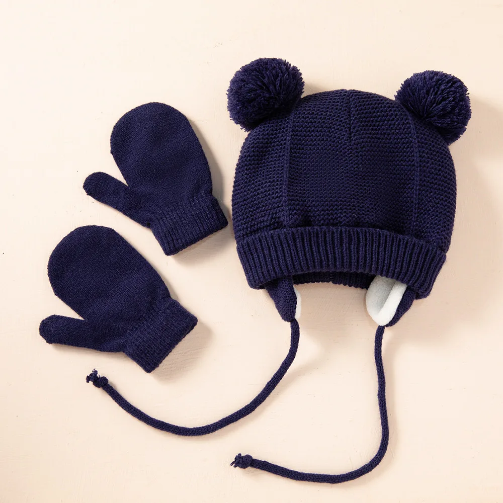 New arrival knitting bear shape baby hat and glove set 6 colors Winter Cap With Rope Lining Cute Boy Girl Warm Bear cap