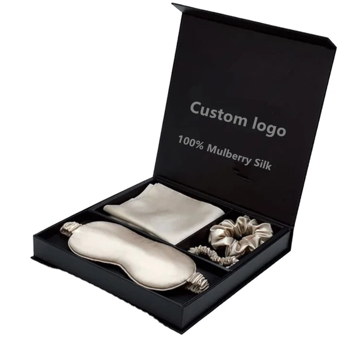 Custom luxury 100% pure silk hair scrunchies silk pillow case with zipper and eye mask set with box
