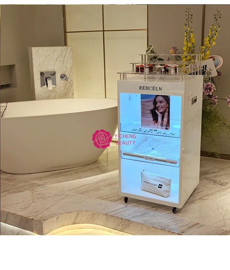 Yicheng Beauty New Arrival Custom logo Skin Management Trolley Cart Display Rack Salon Storage With High Quality