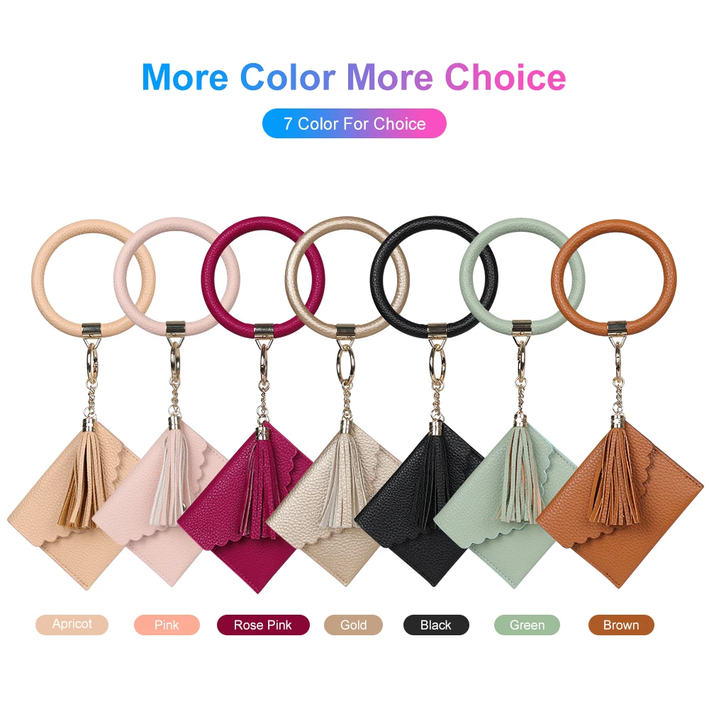 Hot Sale A mazon Leather Key Ring Keychain Wallet Wristlet Bracelet Custom round luxury leather wristlet keychain
