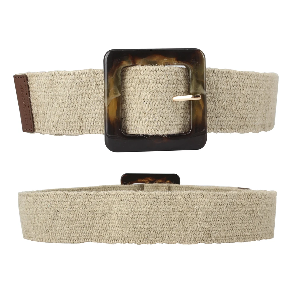 wide linen elastic belts with big square plastic buckle good stretch women belt