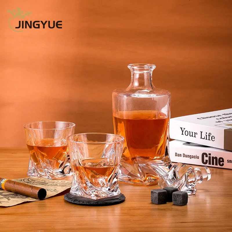 Engraved Twisted Whiskey Glasses  Liquor Decanter Set Luxury With Stones Gift Set Wooden Box