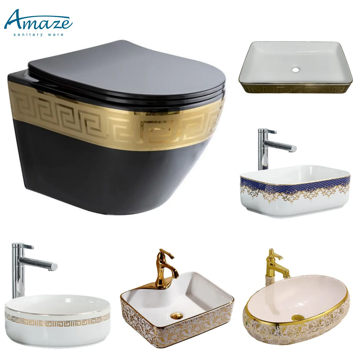 Luxury Design Colored Sanitary Ware Bathroom Wall Mount Row Hanging Toilet Bowl Ceramic Black and Gold Wall Hung Toilet