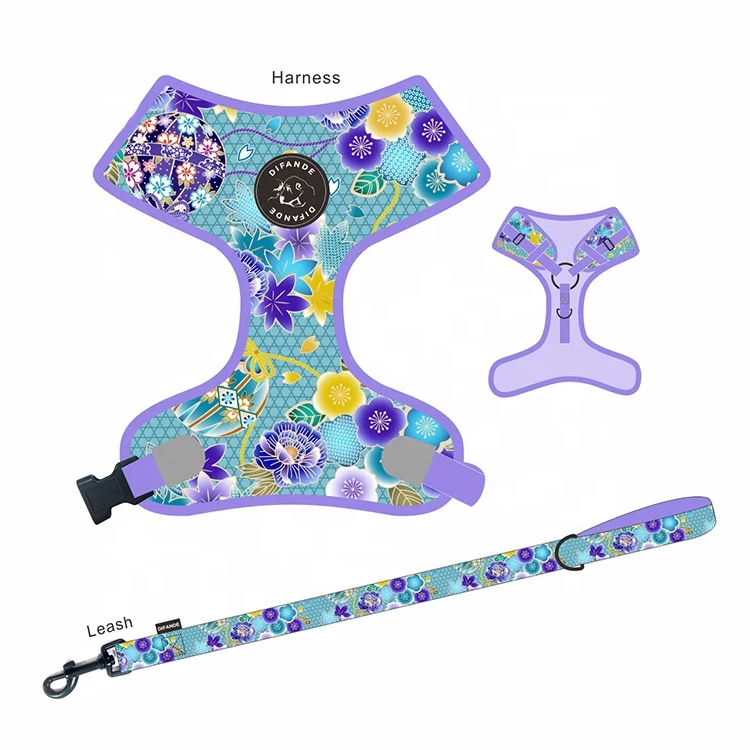 OEM/ODM Personalized Pet Accessories Print Reflective Reversible Quick Release Padded Polyester Pattern Dog Harness Set