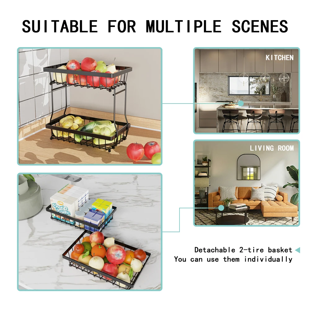 2-Tier Detachable Metal Wire Storage Rack Kitchen Fruit Basket Stand Vegetable Organizer Baskets Living Room Snack Storage Hold