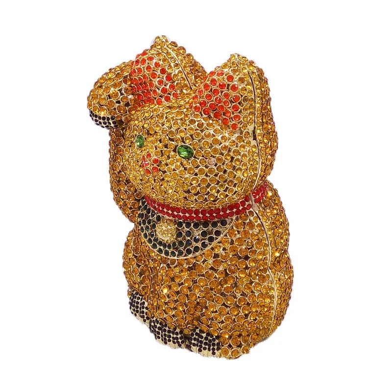 New Design Good Quality Wedding Bridal Sparkle 3D Cat Animal Clutch Bags Hardcase Full Crystal Bag Rhinestone HandBag