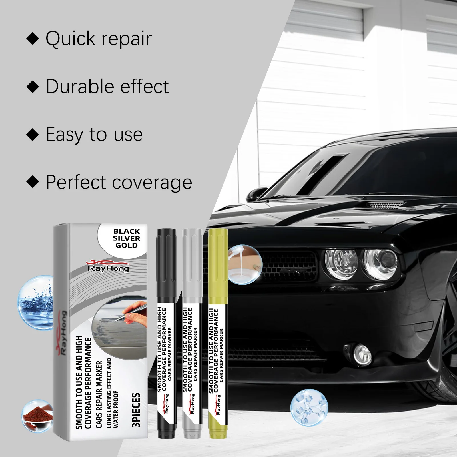 Rayhong wholesale paint repair scratch repair restoration car color gold silver black repair pen