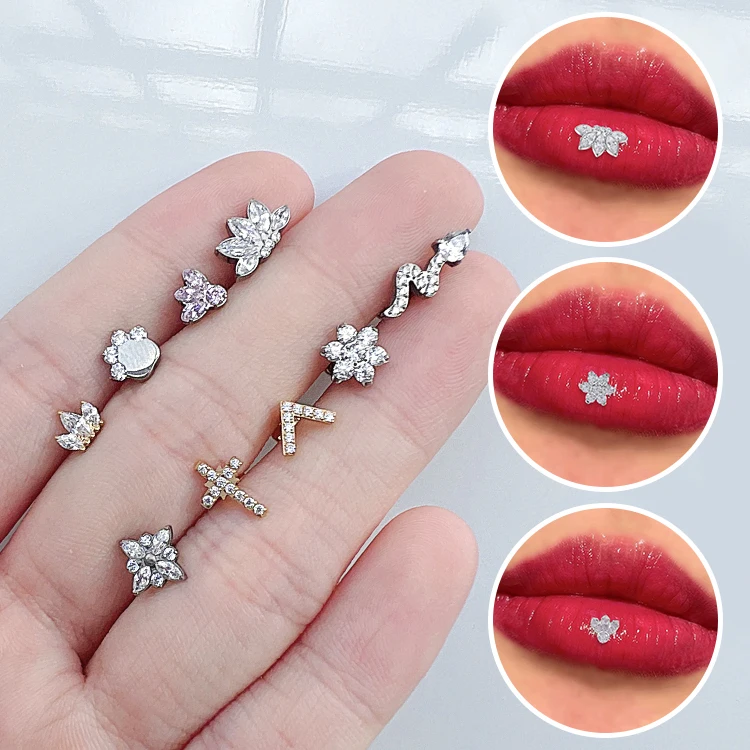 G23 Titanium Lip Puncture Stud Threaded Surgical Steel CZ Labre Lip Ring
