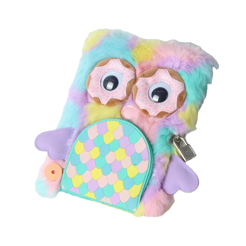 
Promotion colorful fur pompom owl plush notebook diary with lock and key 