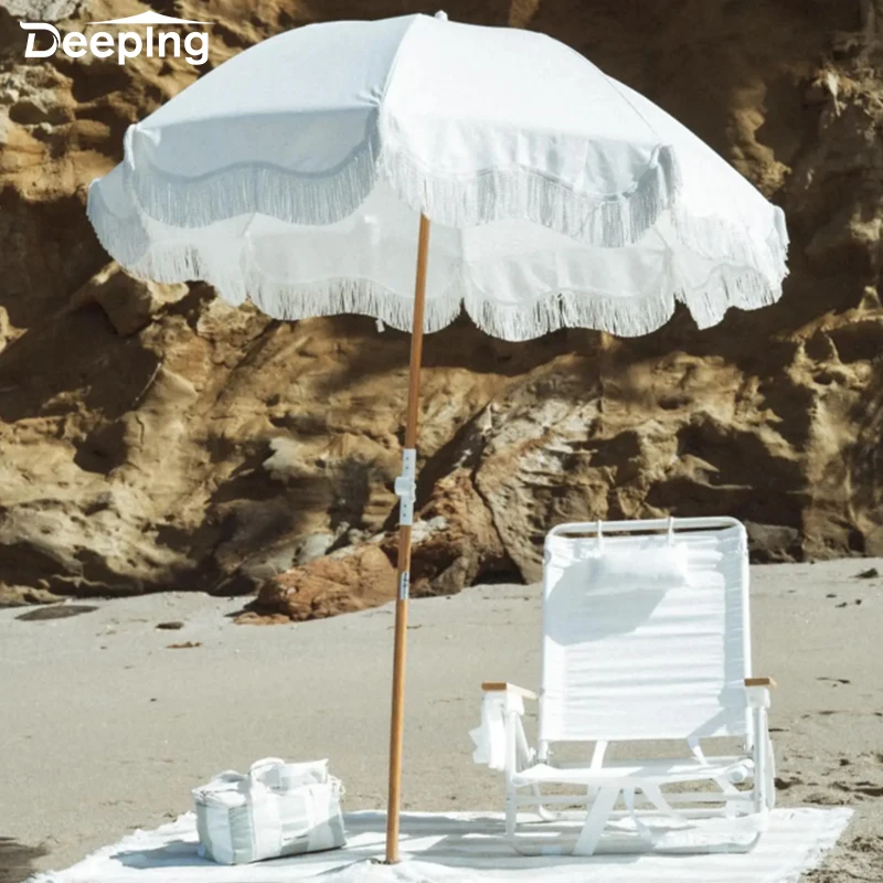 Glamping Wholesale White Beach Umbrella Wood Pole Swimming Pool Umbrella Patio Luxury Beach Umbrella With Tassels