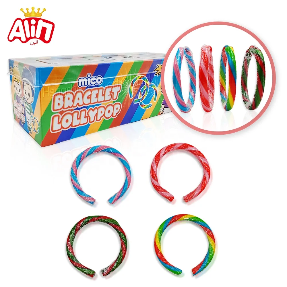 oem  imported snack distributor  exotic candy  korean candy  Christmas candy  swirl lollipop  Rainbow bracelet lollipop