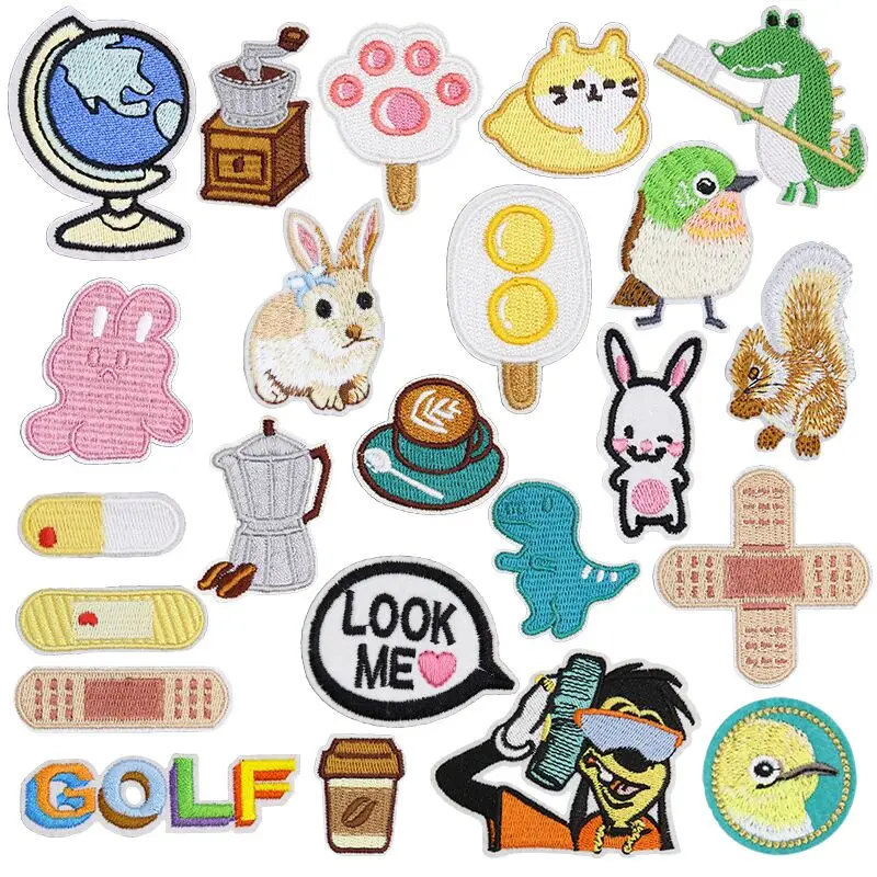 Stock Cute Cartoon Children Badges Animal Rabbit Cat Claw Popsicle Coffee Embroidered Patches Iron On For Clothing Hats Shoes
