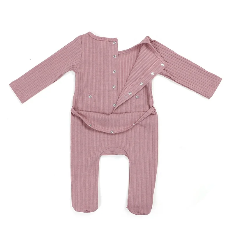 Newborn baby clothes long sleeves snap button opening back easy to change diaper knit cotton ribbed footie baby romper