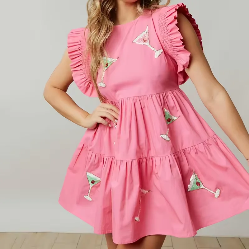 Summer Ruffle Sleeve Embroidery Sequins Martini Women Mini Dress A Line Cotton Sparkle Sequins Martini Women Mini Dress