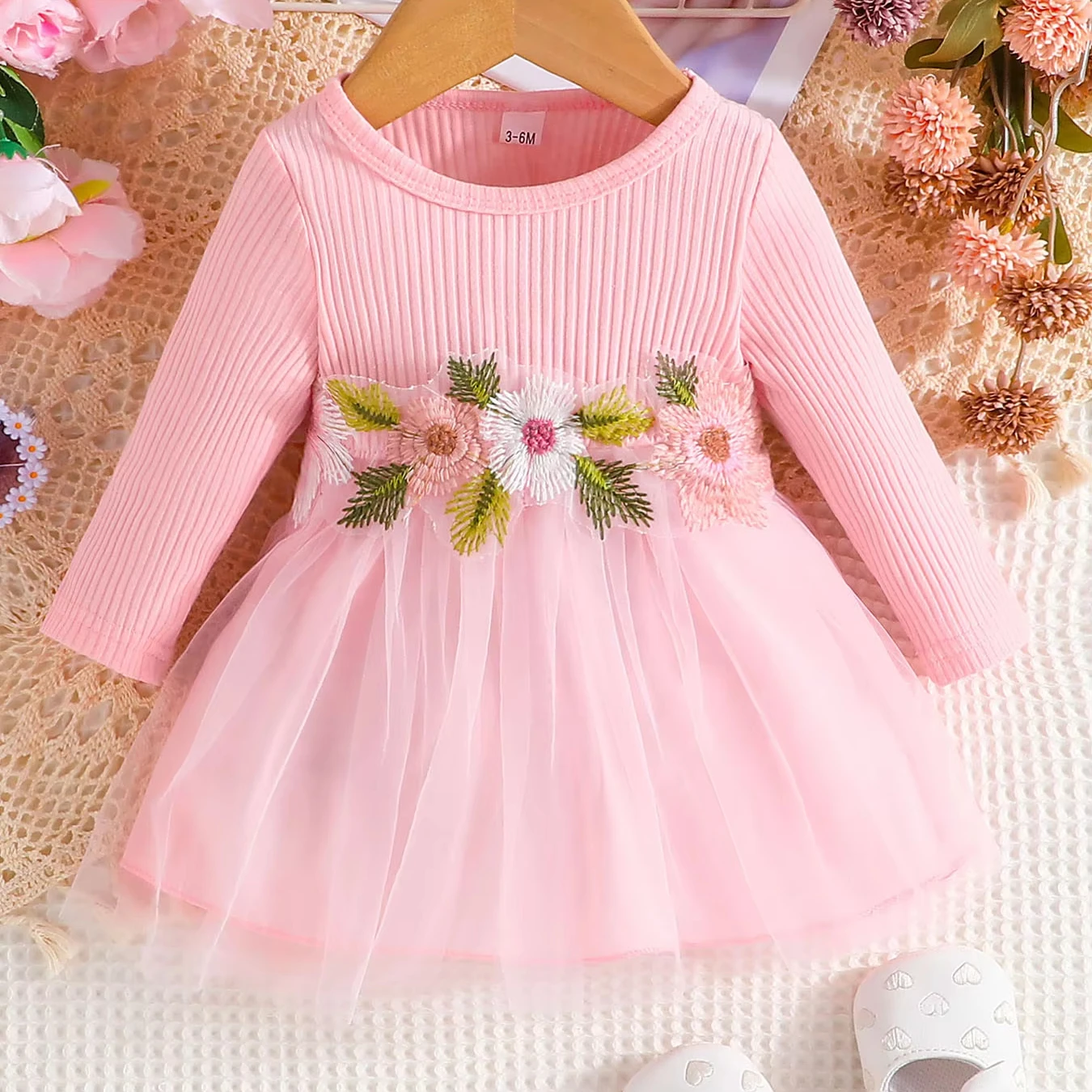Cute and Elegant Cotton Pit Strip Long Sleeved Dress with Flower Embroidery Mesh Skirt for Children Baby Dresses