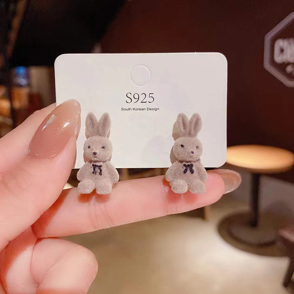 autumn winter accessories 925 Silver Needle Cartoon stud earrings Girl Plush Rabbit Little bear Lovely flocked Earrings