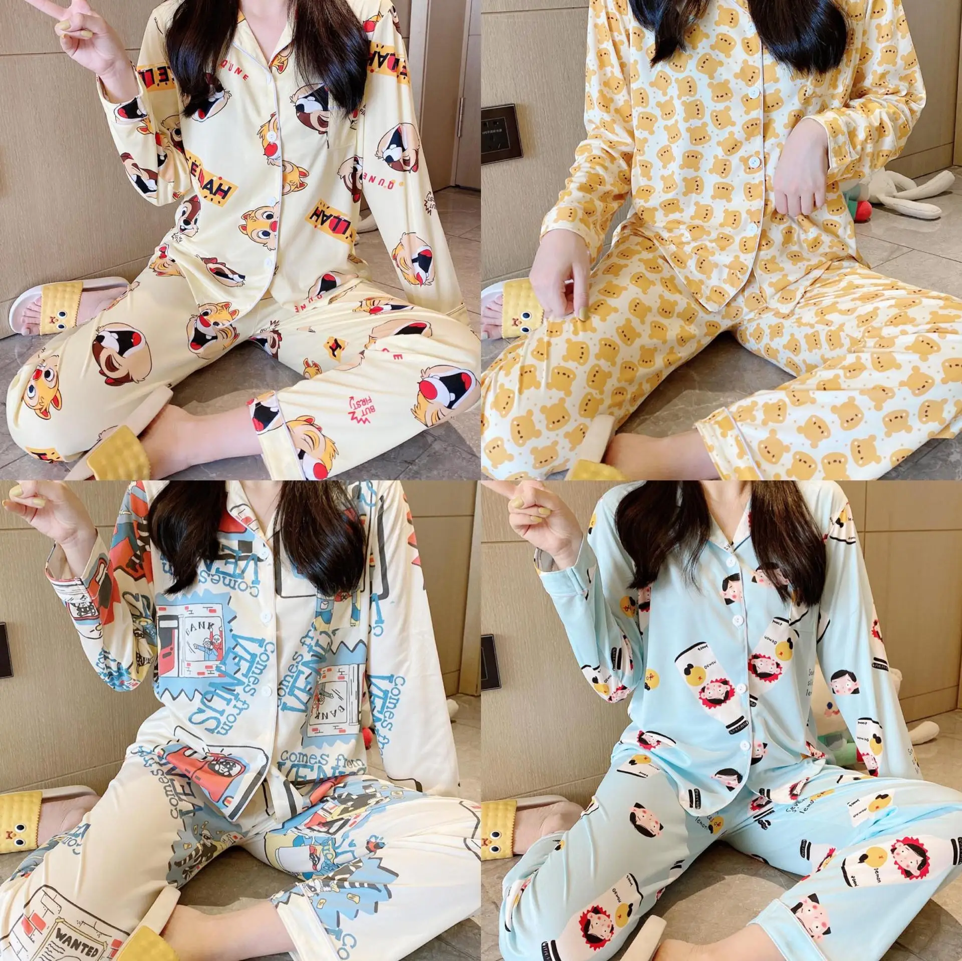 korean sleepwear pajama womens best selling monsoon Long-sleeved cardigan home service cartoon suit Cotton sleep wear piyama set