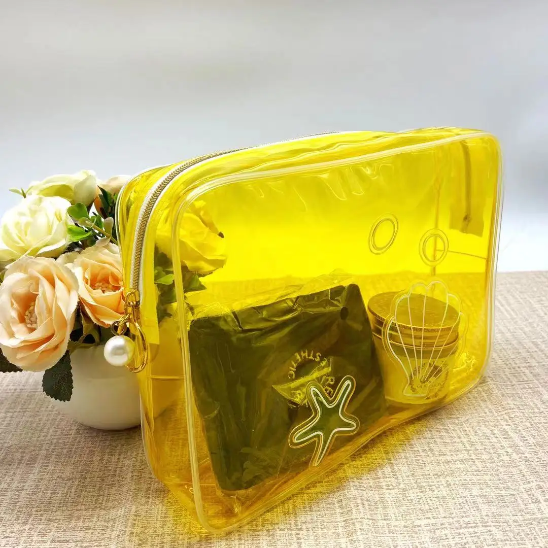 Shell yellow ladies plastic pvc bag Travel Clear Makeup Bag easy carry beauty tool pvc bag