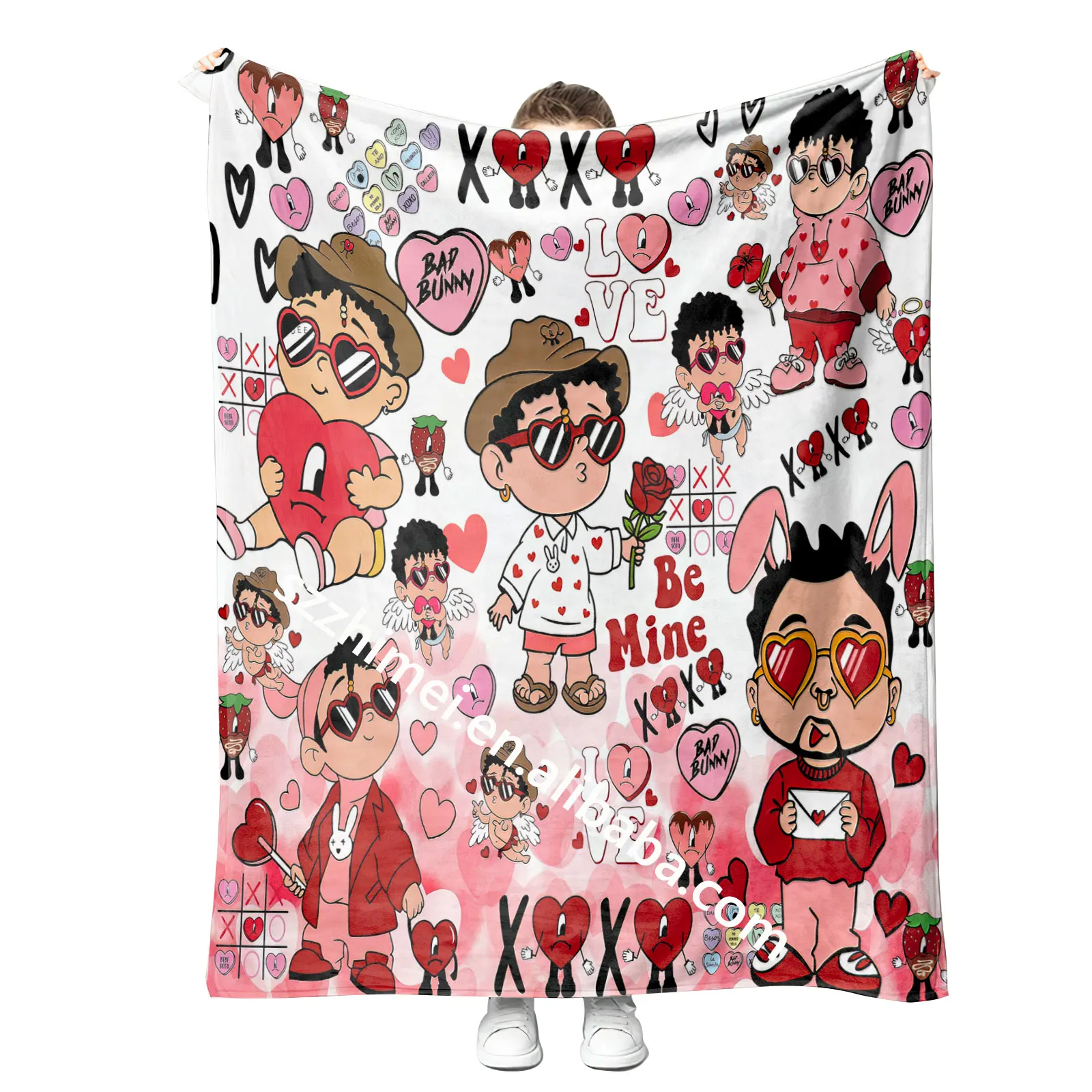 Personalized custom logo Xoxo love be mine bad bunny Benito is my valentine oversized Warm microfiber throw Blankets