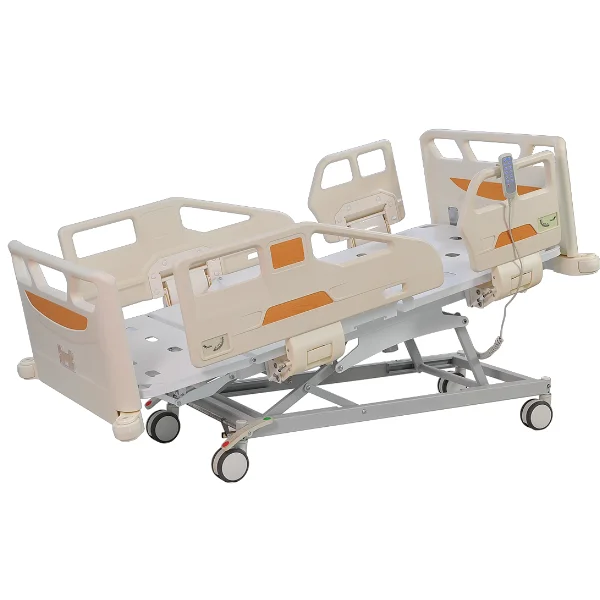 Electric 6 function adjustable hospital bed high quality ABS side rail ICU medical bed central control lock casters