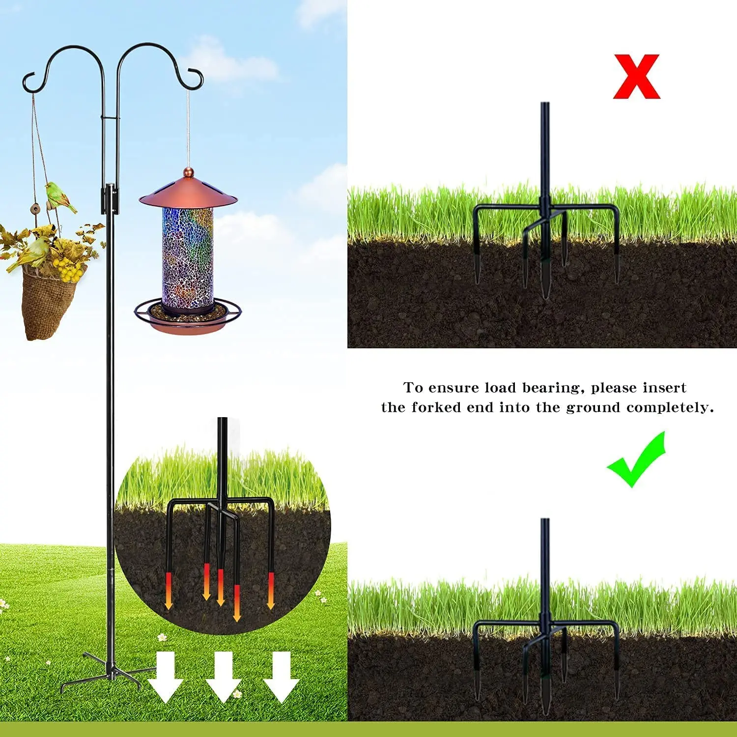 92 Inch Heavy Duty Double Sided Shepherds Hooks for Outdoor Garden Pole for Hanging Bird Feeder Plant Baskets with 5 Base Prongs
