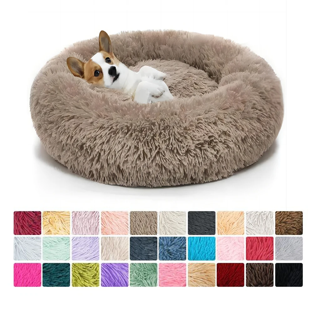 Wholesale Custom Color Size Luxury Fluffy Large Donut Pet Dog Cat Bed Round Washable Removable Dog Cushion Bed For Pet Indoor