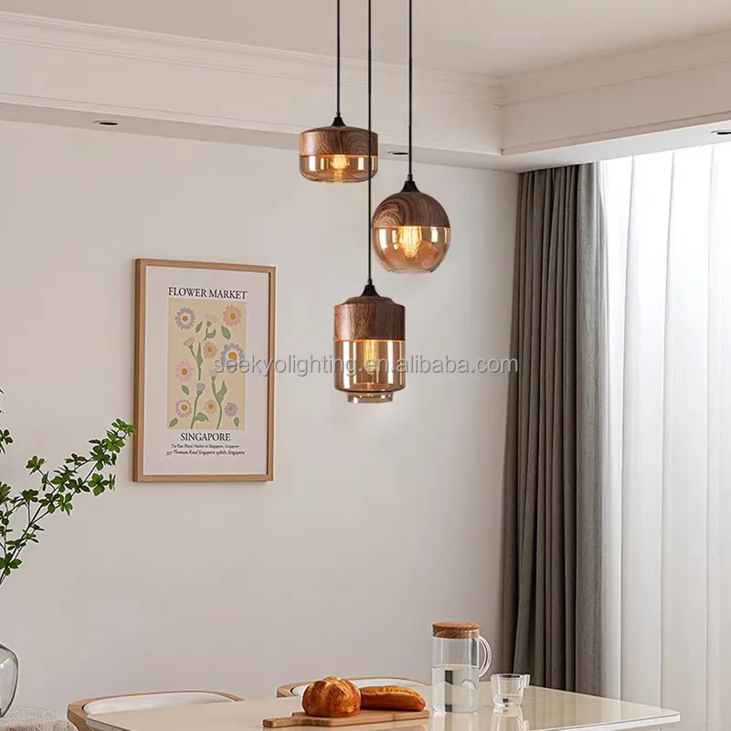 Vintage Wood Pendant Light Modern Decorative Wooden Chandelier Amber Glass Led Chandelier Wood Dining Table For Restaurant