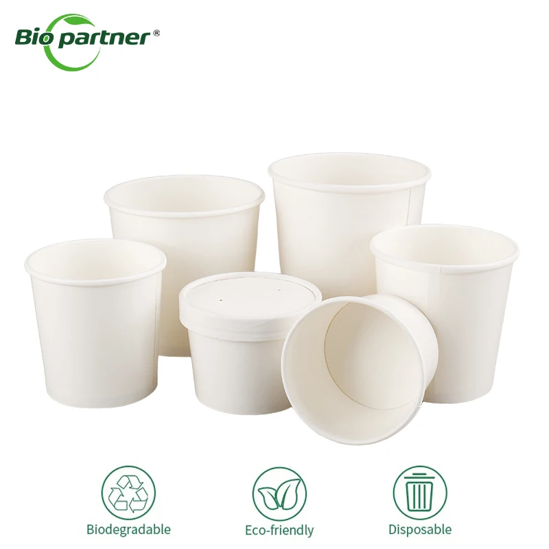 Disposable Biodegradable Takeout Salad Paper Bowl Ice Cream Porridge Rice Noodle Soup White Kraft Cups With Lid