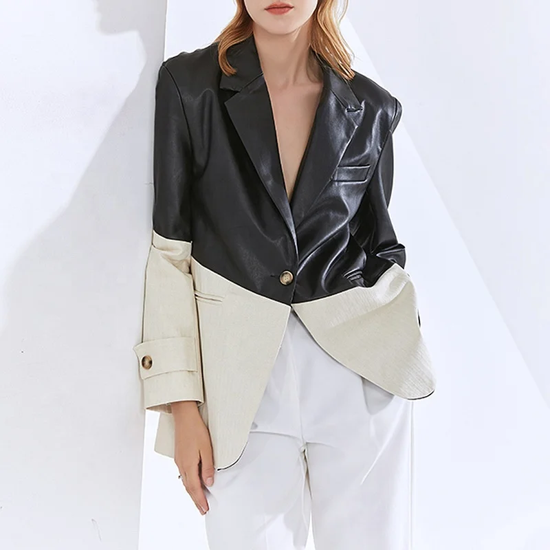 MANNI Casual Spring Single Button PU Blazer Black White Contrast Stitching Oversize Waterproof Wool Lining Solid Print Work