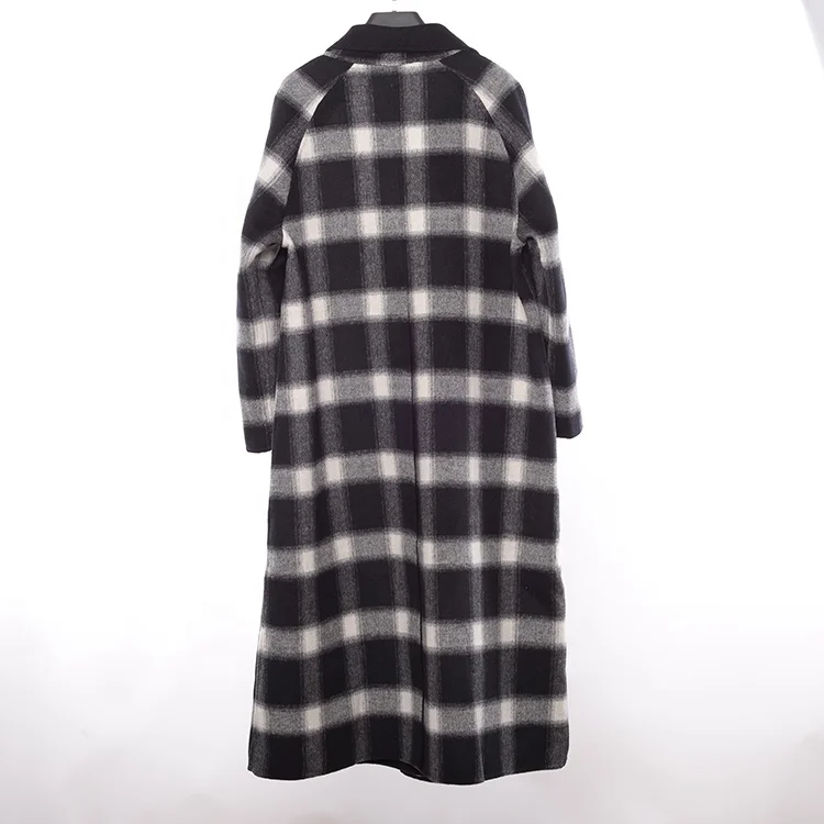 New Women Long Plaid Wool Coat Women Wool & Blends Black White Blend Cashmere Long Coat