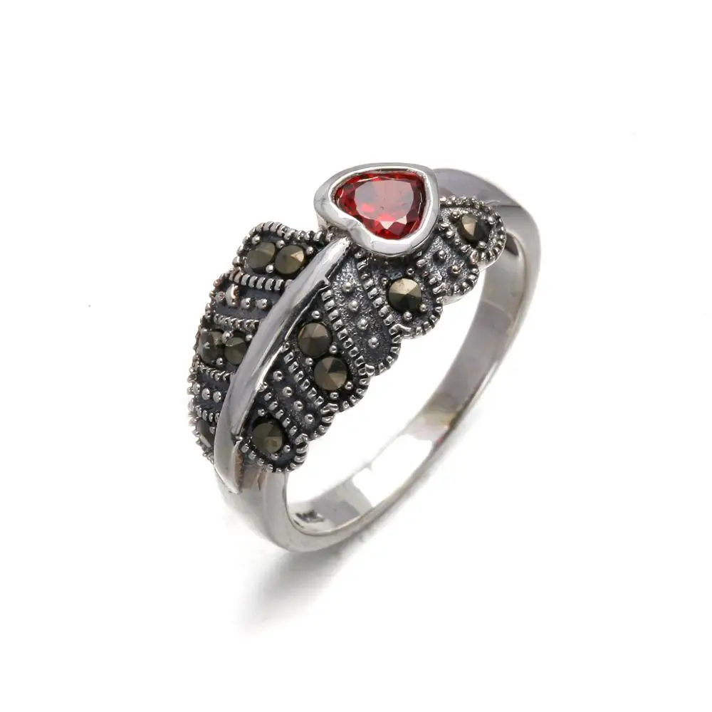 Marcasite Ruby Rings Designed Sterling Silver New Poly Bag CLASSIC Zircon Antique Silver Geometric Silver Fashion Jewelry 6.8 G