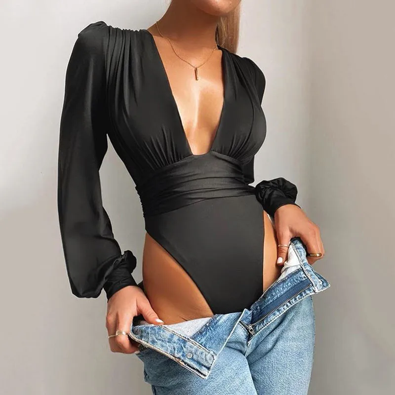 Black Deep V Neck Bodysuit Women Sexy Puff Sleeve Bodycon Jumpsuit Solid Elastic Casual Party Winter Body Tops