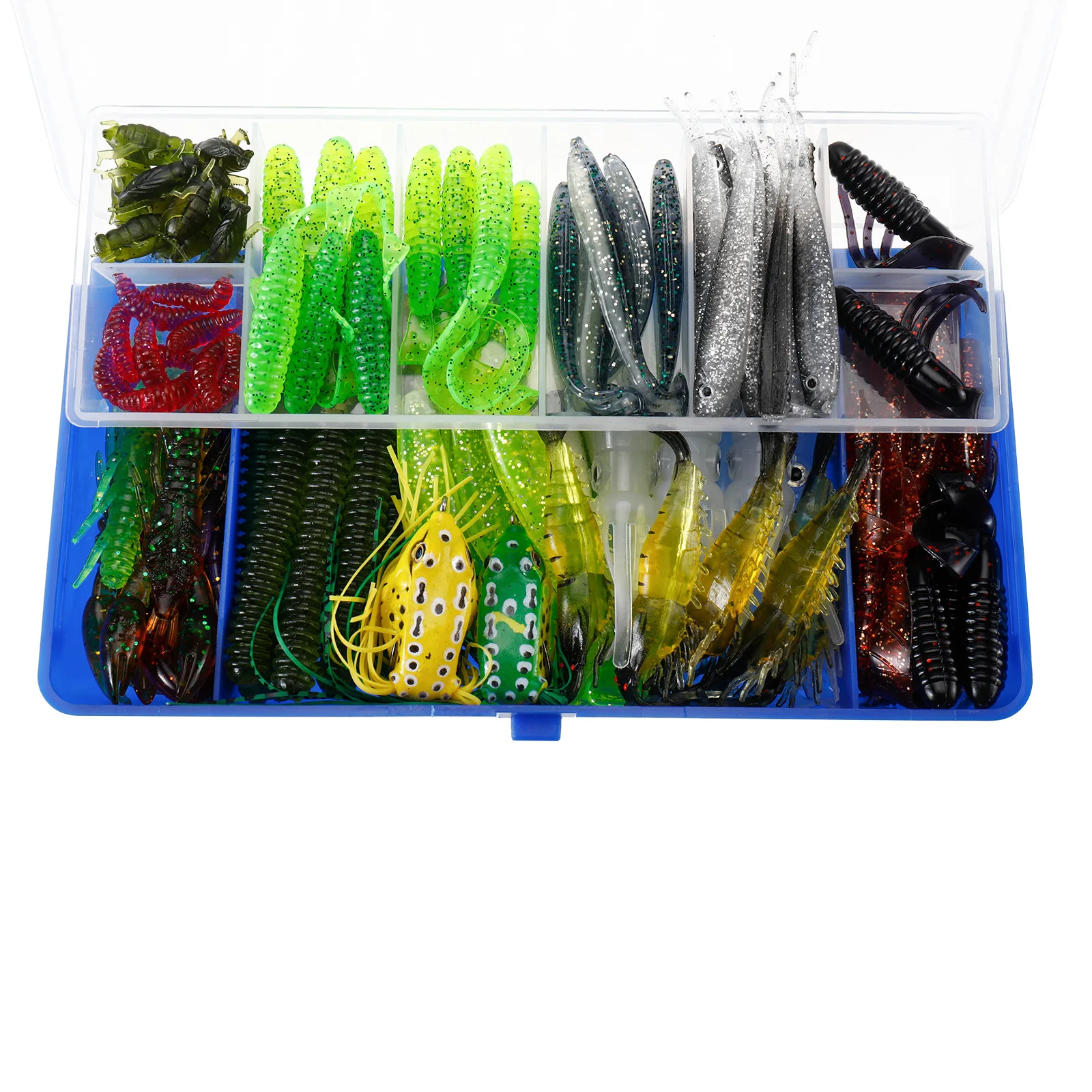 High quality 102 pcs reel tail soft bait  frog soft fish squid shrimp with hooks  freshwater saltwater sets fishing tackle boxes