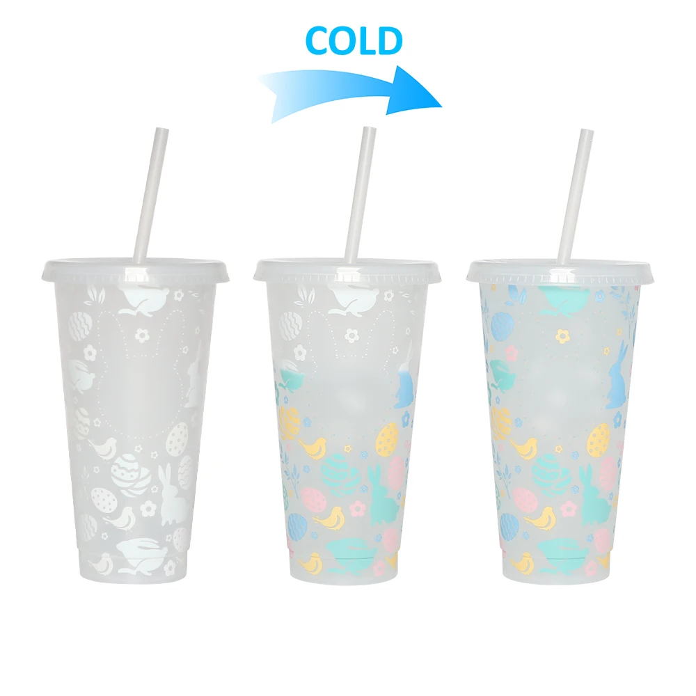 Easter cup plastic cold tumbler 24oz kids gift mug reusable color changing cups with lids straws for party
