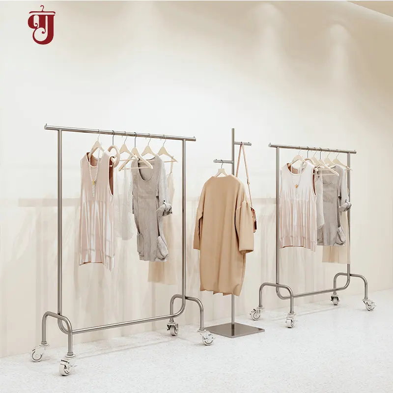 Display rack clothing store hanger floor stainless steel brushed silver island hanging rod with wheels