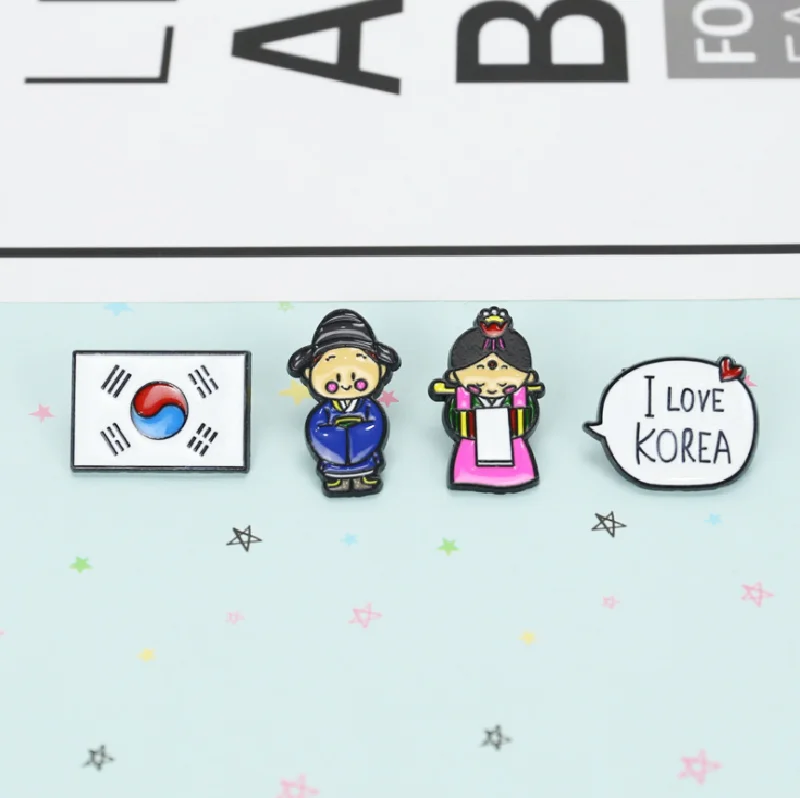Cartoon Hanbok Characters South Korea Flag Brooch Custom Lovers Travel Souvenir Soft Enamel Lapel Pin