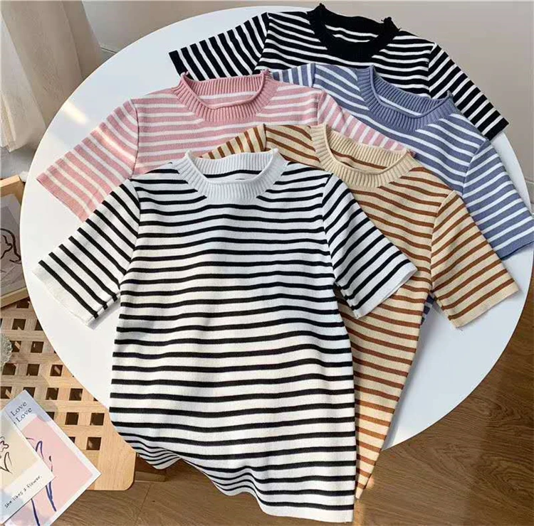 Summer New Style Korean Fashion Style Stripes Fresh Round Neck Ice Silk Knitted Short Sleeves T-shirt