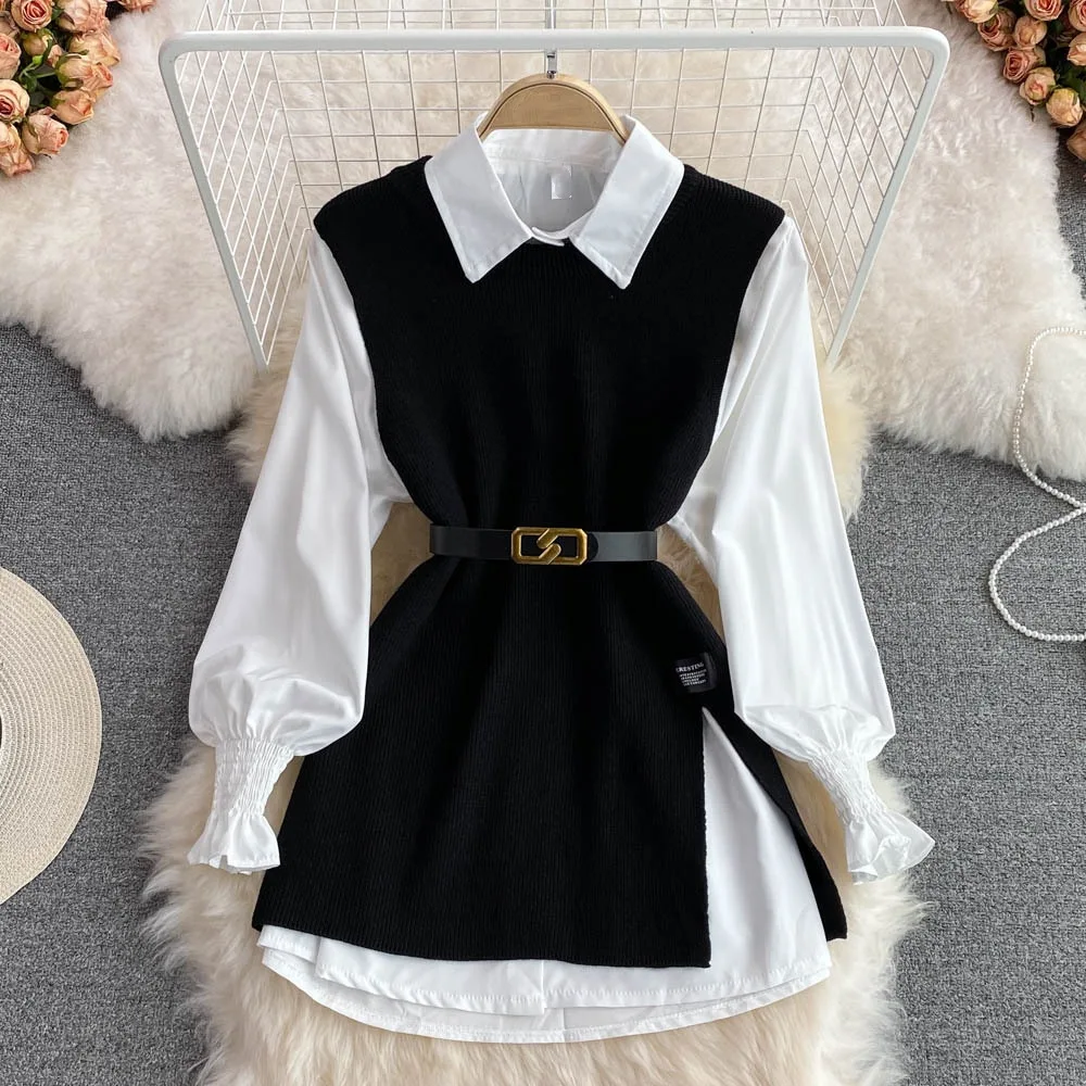 Spring and Autumn Women Long Sleeve Set White Shirt Sweater Loose Knitted Vest Shirt Two Piece Set For Women