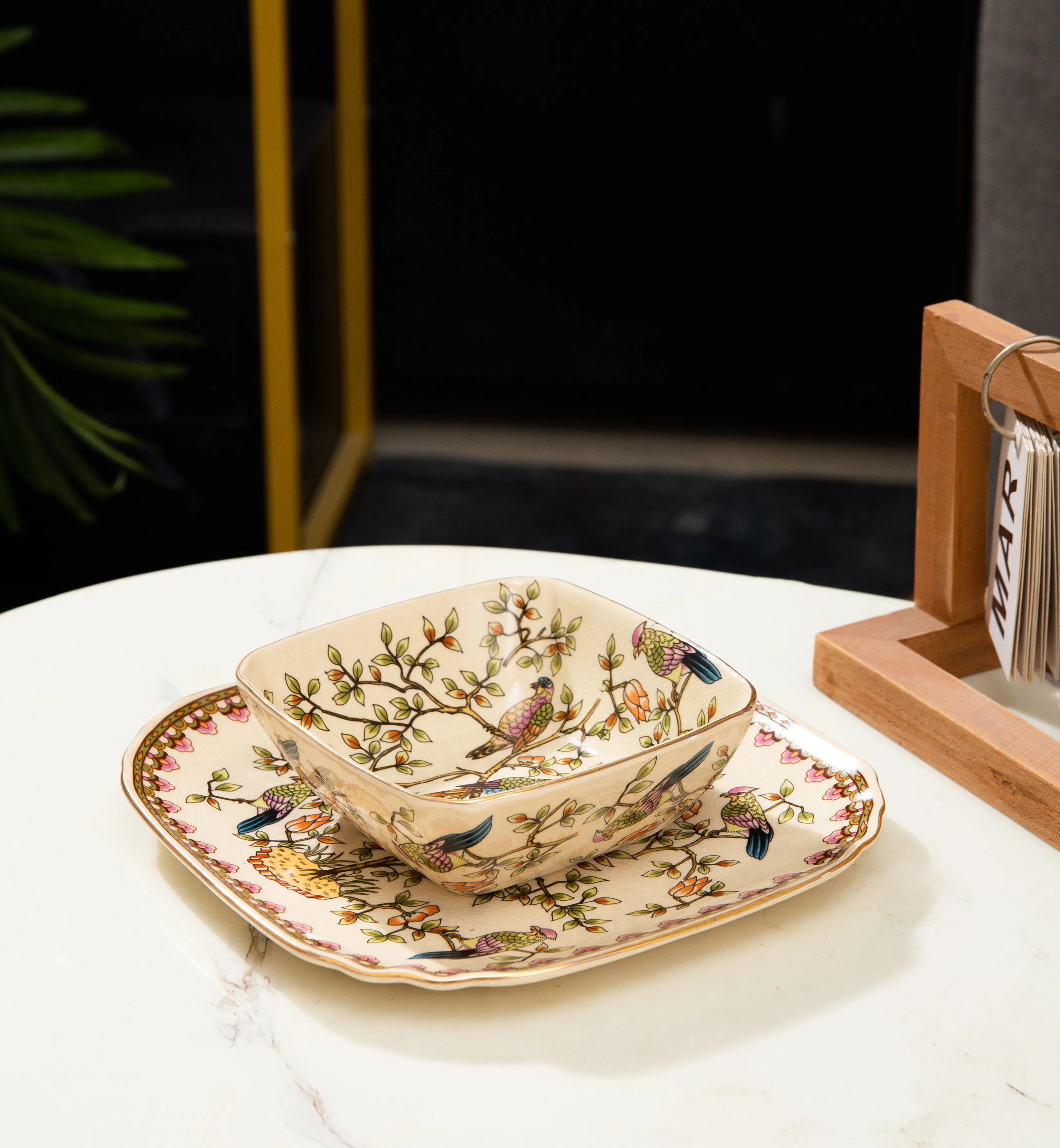 Wholesale custom retro style kazakhstan decorative  porcelain table bird and flower pattern ceramic fruit plate bowl