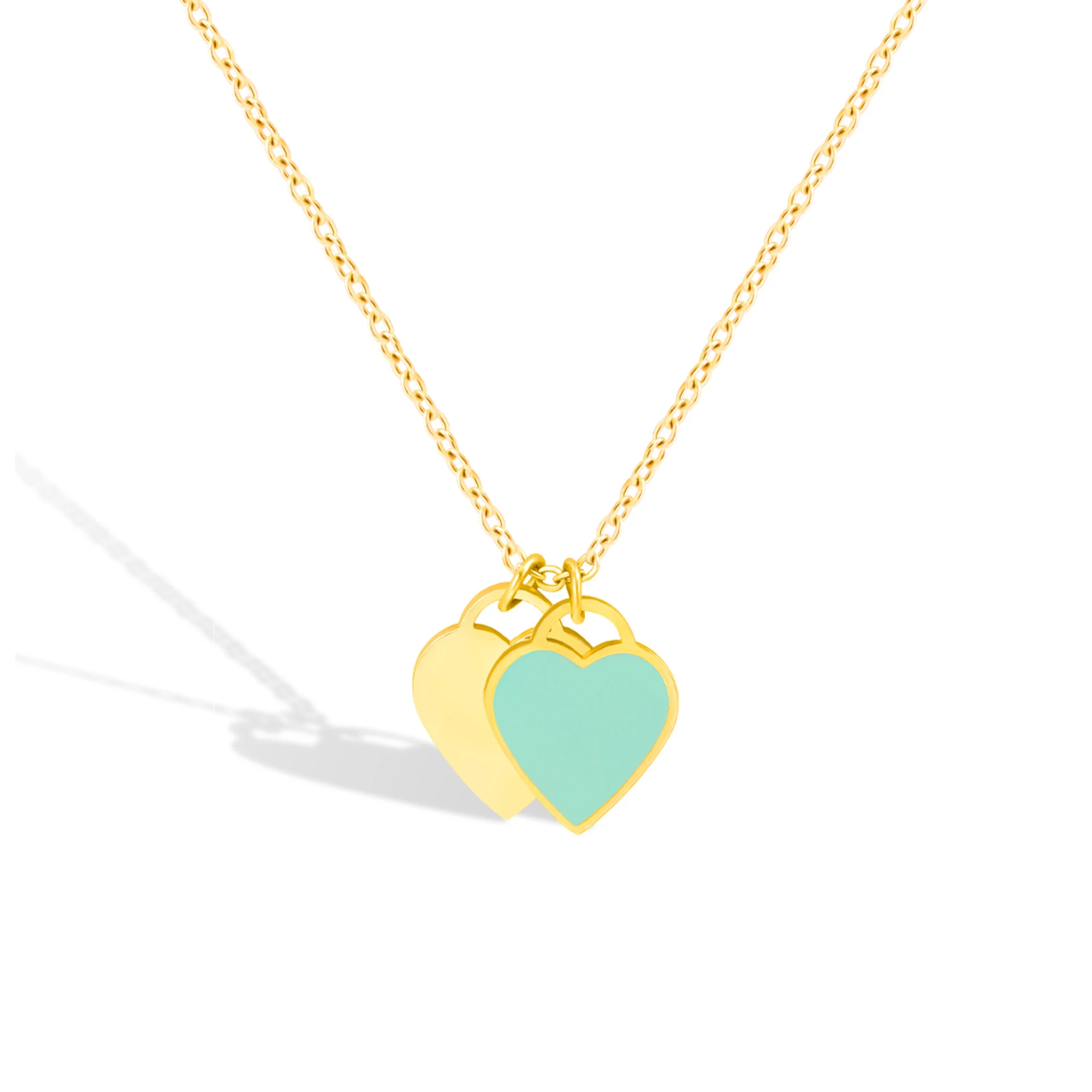 Stainless Steel Letters English Love Enamel Double Color Heart Charm Pendant Fashion Woman Jewelry Wedding Link Chain Necklace