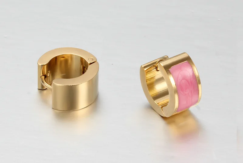 Wholesale Statement Earring Fashion Designed Cute 7mm Pink Enamel Stainless Steel Gold Plated Hoop Earrings For Girls